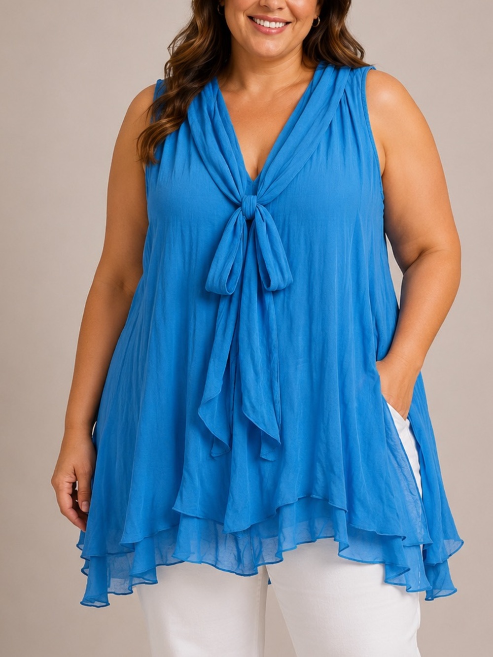 Cache Turquoise Blue Tie-Neck Sleeveless Chiffon Camisole LARGE